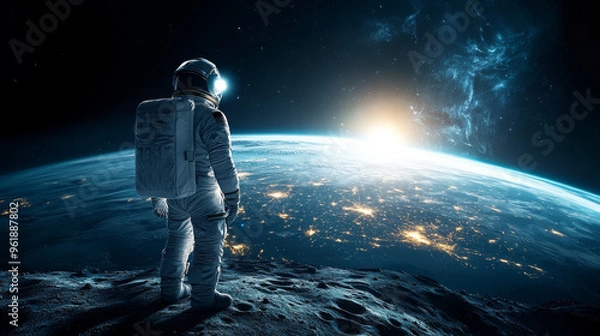 Fototapeta An astronaut stands on moon, gazing at Earth and its illuminated cities as sun rises in background, evoking sense of wonder and exploration.