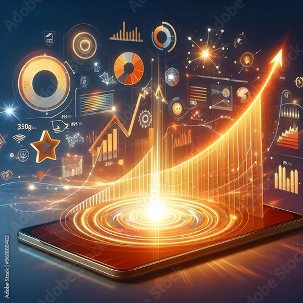 Fototapeta Flat Glowing Abstract Financial Graph with Marketing Projections - Dynamic Visual of Financial Performance and Strategy Relationships in Simple Vector Illustration