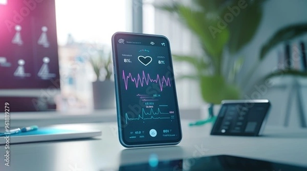Fototapeta Smartphone showing health monitoring app on work desk with computer graph on screen in background