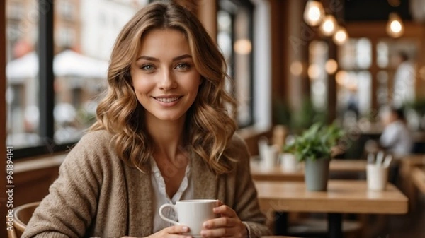 Obraz close-up of beautiful girl with curly hair with a cup in a cozy cafe