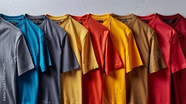 Fototapeta A captivating collection of colored t-shirt templates for men, featuring diverse fabric textures and prints. Each template is displayed individually to highlight its unique style and appeal.