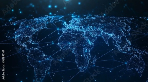 Obraz A futuristic digital world map showcasing interconnected global networks in glowing blue lines, representing technology and data flow.