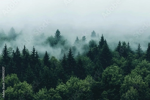 Fototapeta Misty Forest Landscape: A Serene Aerial View of Pine Trees