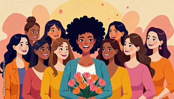 Fototapeta Diverse Group of Women with Bouquet and Gradient Background