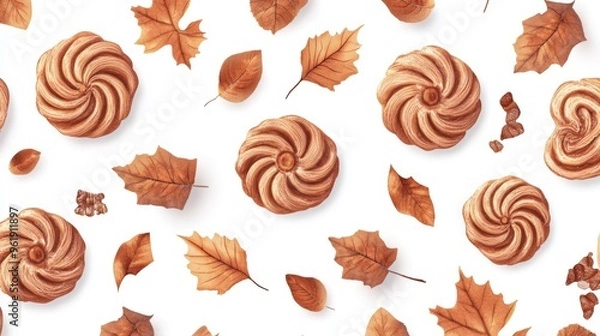 Fototapeta Autumn pattern featuring brown Palmier cookies on a white background. Seamless pattern for Thanksgiving and other fall festivities celebrating the harvest.
