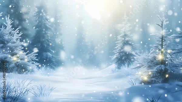 Fototapeta Festive christmas natural snowy background, abstract empty stage, snow, snowdrift and defocused christmas lights in forest on light blue background, copy space. Snowy Forest. Illustration