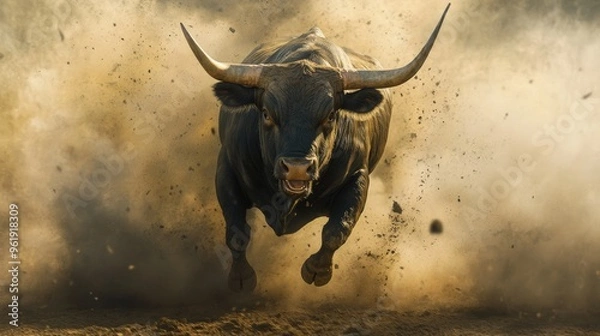 Fototapeta An enraged bull charges forward through a cloud of smoke and dust, its muscles rippling as it barrels ahead with unstoppable force