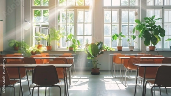 Fototapeta Sunlight spills into a classroom adorned with lush plants, creating a warm, welcoming, and nature-inspired learning environment.