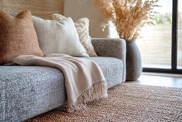 Fototapeta Close-up of a Grey Sofa with Cushions and a Blanket