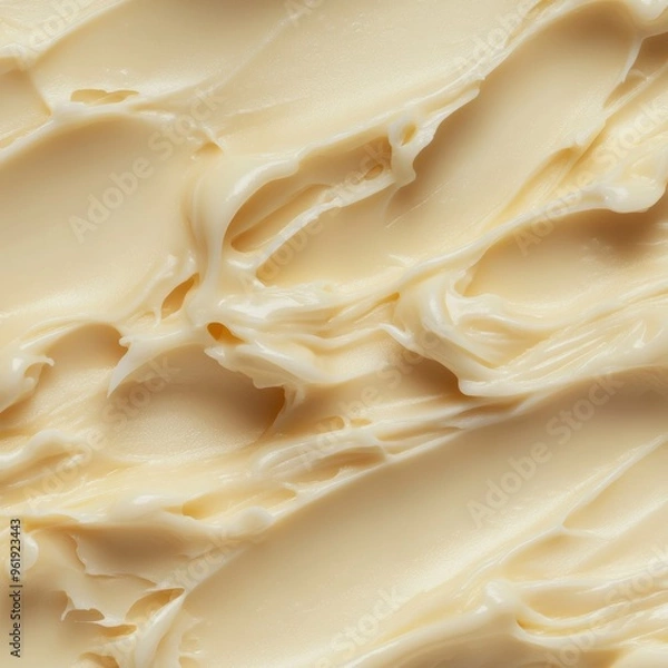 Fototapeta A white mousse texture, yogurt cream in the background, sour cream flowing into a liquid fluid. A macro liquid white wave of sour cream.