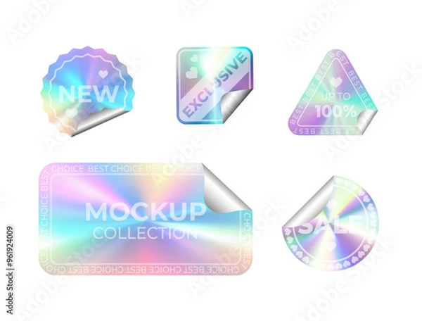 Fototapeta Templates for stickers, mockups of realistic shapes with holographic gradient on a transparent background