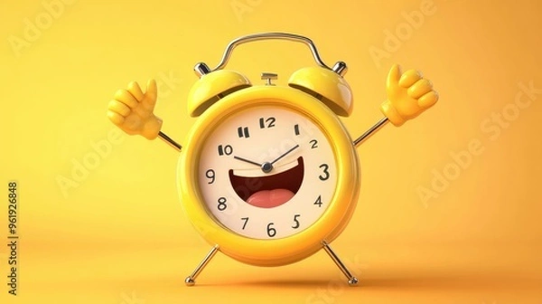 Fototapeta Cartoon alarm clock with a big grin and bouncing arms, ringing with joy to start the day, animated and energetic