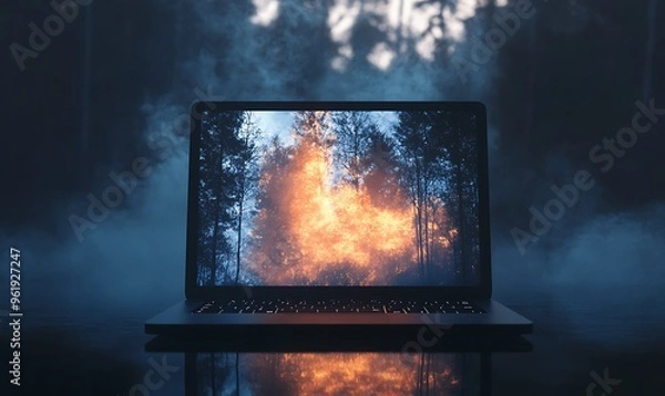 Fototapeta Laptop Displaying Forest Fire in a Smokey Setting