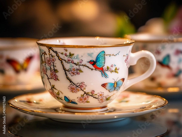 Fototapeta Chinoiserie tea set, porcelain cups adorned with delicate cherry blossom branches, accented by vibrant butterflies and hummingbirds