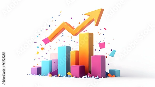 Fototapeta 3D Floating Arrow and Bar Chart Icon with 'Revenue Growth' Text - Vector Design Symbolizing Financial Success on White Background