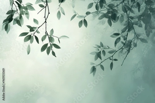 Fototapeta Silhouetted Branches and Leaves Against a Hazy Green Background