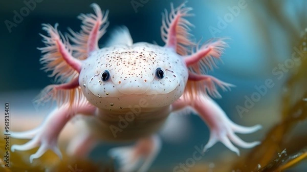 Fototapeta Curious axolotl underwater, showcasing external gills: A curious axolotl swims gracefully underwater, its feathery external gills fanning out as it explores its aquatic habitat with wide, inquisitive 