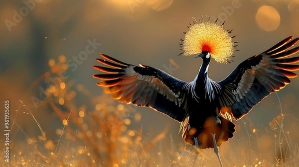 Fototapeta Elegant African crowned crane in mating dance, savanna: An elegant African crowned crane performs its intricate mating dance in the savanna, its golden crown of feathers bobbing gracefully as 