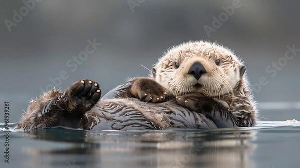 Fototapeta Playful sea otter floating on back, cracking shellfish: A sea otter floats on its back in calm waters, using a rock to crack open a shellfish, its playful nature evident as it enjoys its meal. 
