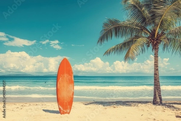 Fototapeta Surfboard and palm tree on beach representing travel adventure and summer vacation with vintage filter