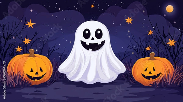 Obraz Happy Halloween banner or party invitation background with clouds, bats and pumpkins in paper cut style. Vector illustration. Full moon in orange sky, spiders web and witch cauldron. Place for text 