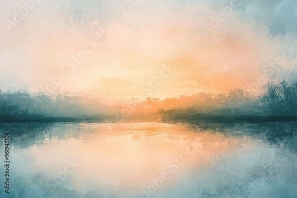 Fototapeta Abstract Painting of a Sunset Over a Lake with Silhouetted Trees