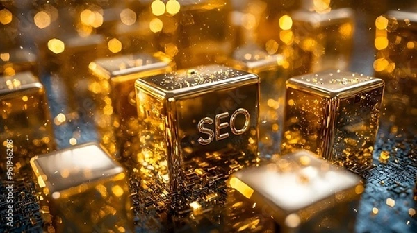 Fototapeta Golden SEO Blocks - 3D of Business Success Concept
