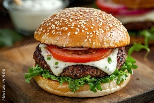 Fototapeta Tasty burger with beef fresh bun and mayo