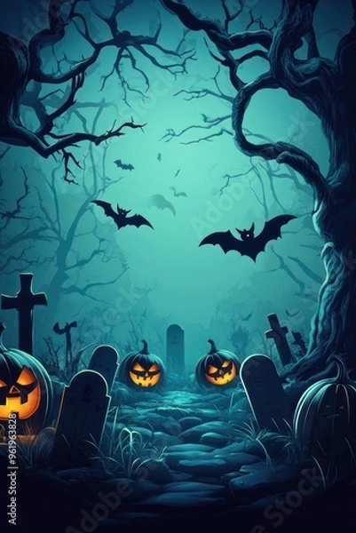 Obraz Spooky night with glowing pumpkins in graveyard