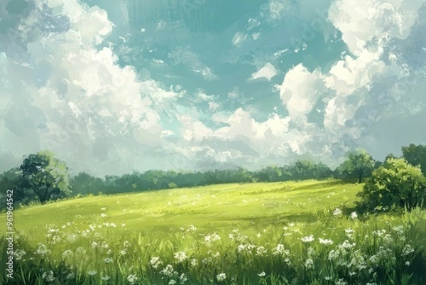 Fototapeta Lush Green Field with White Flowers and Cloudy Sky