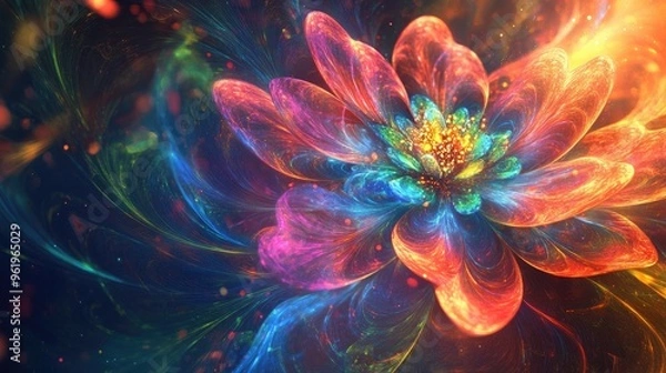 Fototapeta Otherworldly vibrant flower blooms against a kaleidoscopic background, radiating red, blue, yellow, purple, and green luminescent tendrils of light