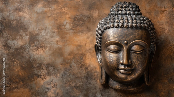 Fototapeta Buddha's head with rusty wall background