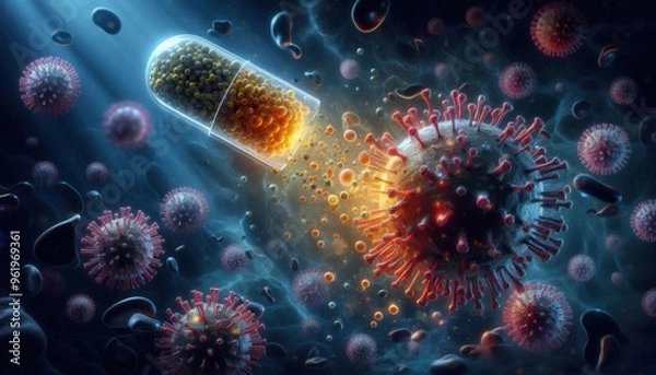 Obraz Pharmaceutical Warriors: Capsules Battling Viral and Bacterial Invaders with Precision and Strength.