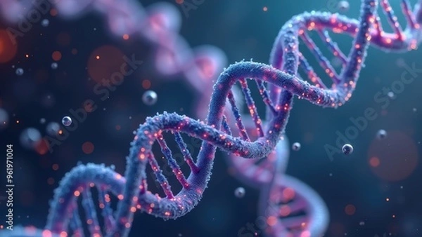 Obraz Detailed 3D DNA Structure with Surrounding Particles, Showcasing the Core of Genetic Information.
