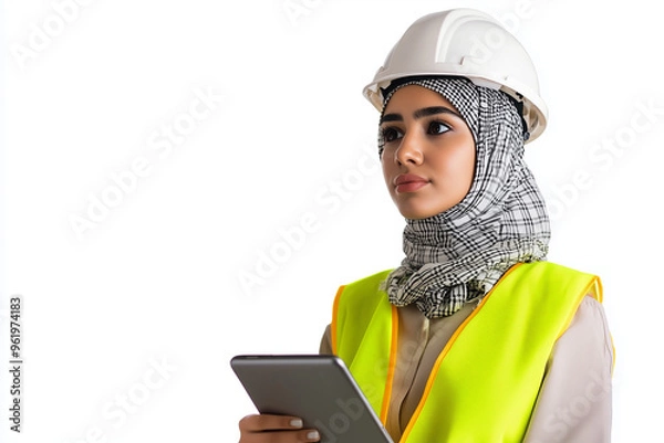 Fototapeta A muslim woman is smiling and holding a tablet in her hands. She is wearing a hijab with her hard hat and a yellow vest. The background is a white, isolated setting.