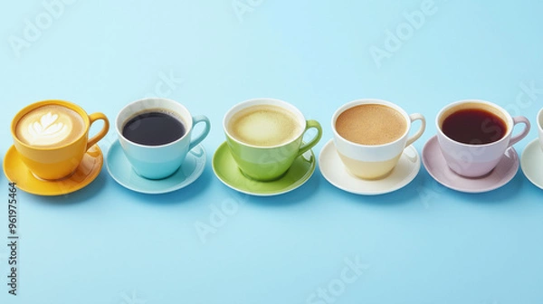 Fototapeta cups of coffee set collection on mocha isolated on blue background