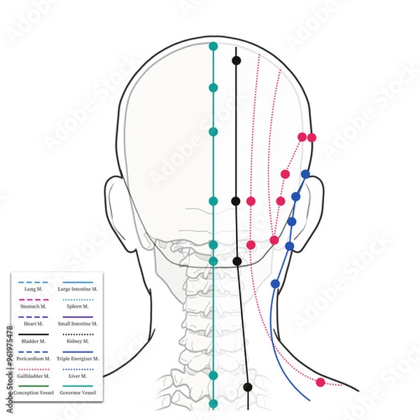 Obraz 머리와 얼굴 경혈 혈자리 설명 일러스트