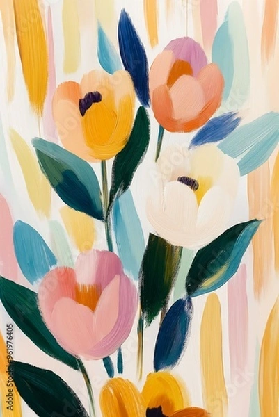 Fototapeta flowers painted wall teal orange color favorite princess tulips expressive sharp cute flutter