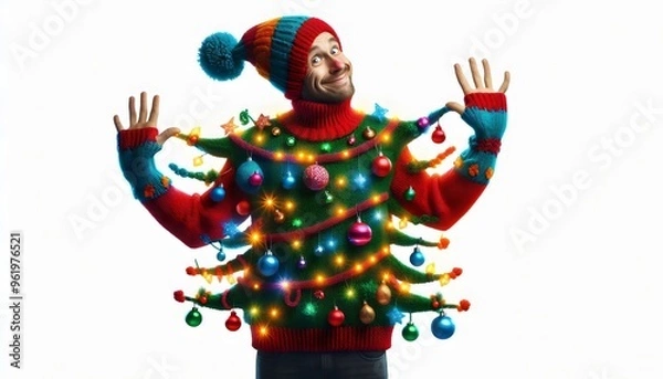 Obraz Festive Man in Ugly Christmas Sweater with Tree and Lights