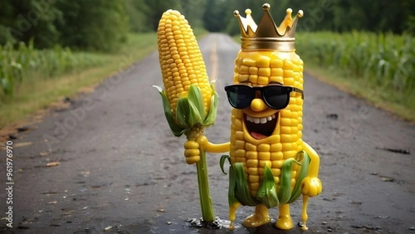 Obraz a corn on the cob character wearing a crown made of melted butter with sunglasses.