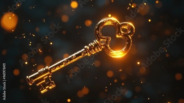 Obraz A shiny golden key suspended in mid-air, glowing softly against a dark, enigmatic background.