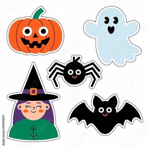 Fototapeta Halloween Cute Element Sticker Collection, A collection of halloween pumpkins including a witch, Flat design halloween element collection, Helloween PNG Pack,Aesthetic Halloween Doodles Cute 