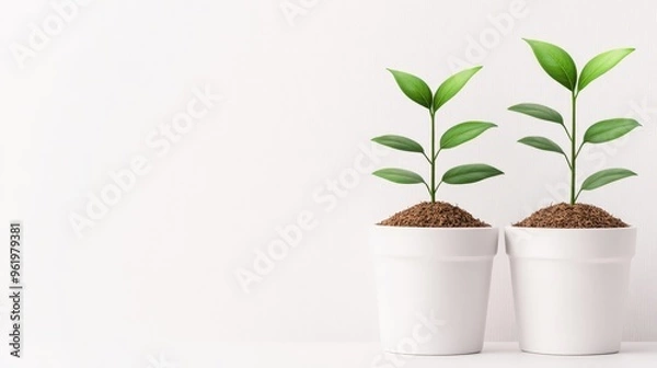 Fototapeta Two Green Plants In White Pots Against White Background.