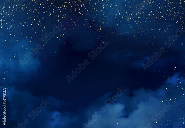 Obraz Magic night dark blue frame with sparkling glitter bokeh and light art. Square vector wedding card. Gold confetti and navy background. Golden scattered celestial dust. Fairytale magic star template