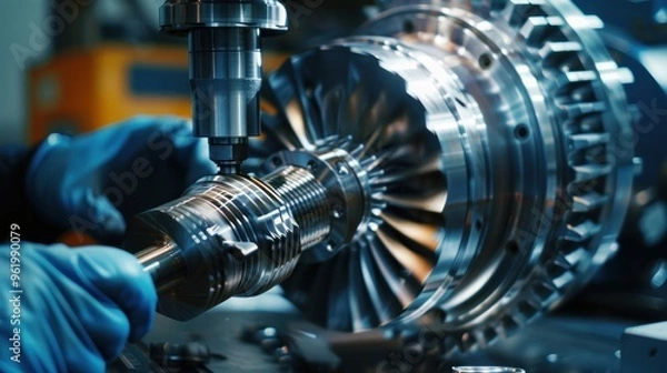 Fototapeta Metal machining CNC turning mill processing steel turbine parts AI generated image