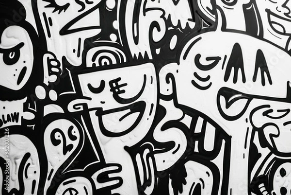 Fototapeta Abstract black and white graffiti art featuring playful faces and expressions on a textured surface