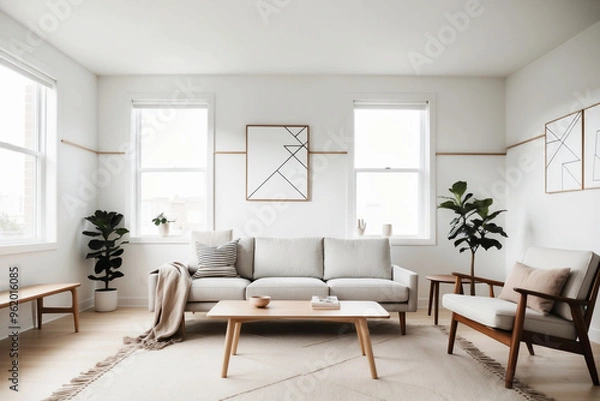 Fototapeta A bright and airy living room with clean lines, featuring a sleek mid-century modern sofa, minimalist Scandinavian coffee table