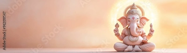 Obraz Lord Ganesha seated in meditation, with a glowing halo, symbolizing spiritual wisdom and tranquility