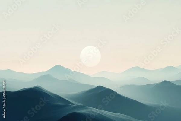 Fototapeta Misty Mountain Range with a White Circle in the Sky