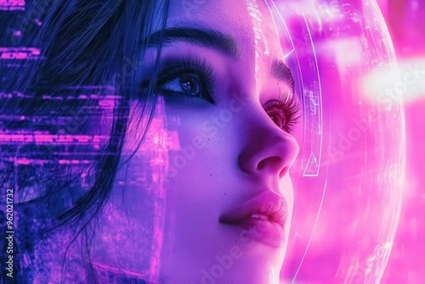 Fototapeta Futuristic Woman's Face with Neon Lights and Transparent Helmet